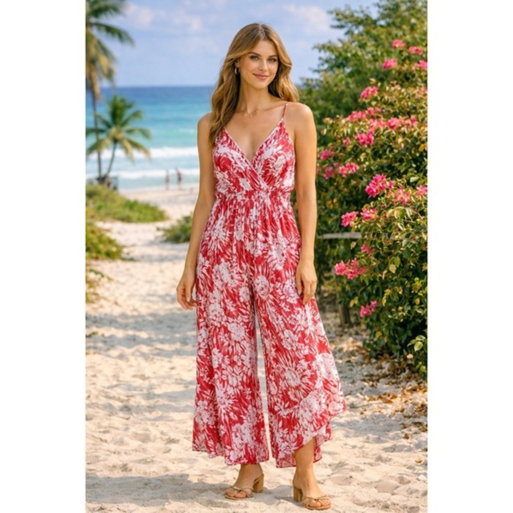 Angie Floral‎ Print Jumpsuit Wide Leg Ruffled Smocked Red White Size S